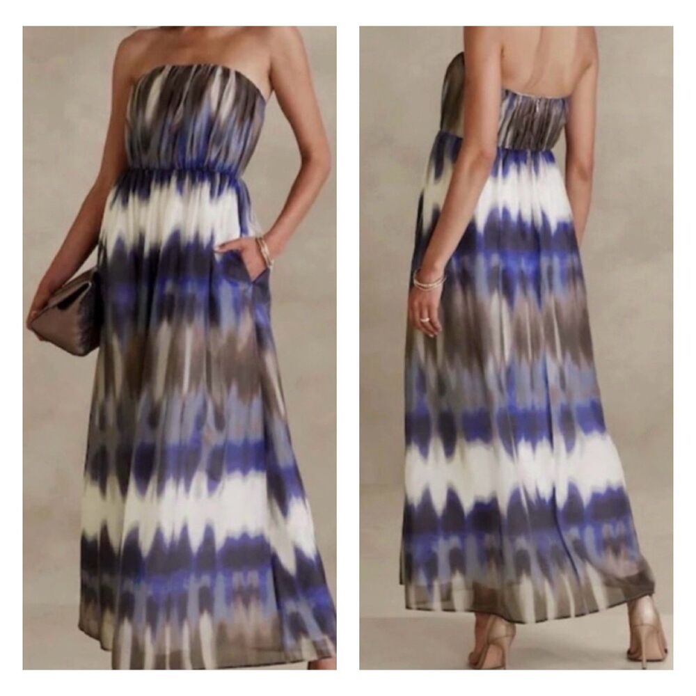 BANANA REPUBLIC Factory Ombre Tie Dye Organza Strapless Maxi Dress, Lined, Sz 6